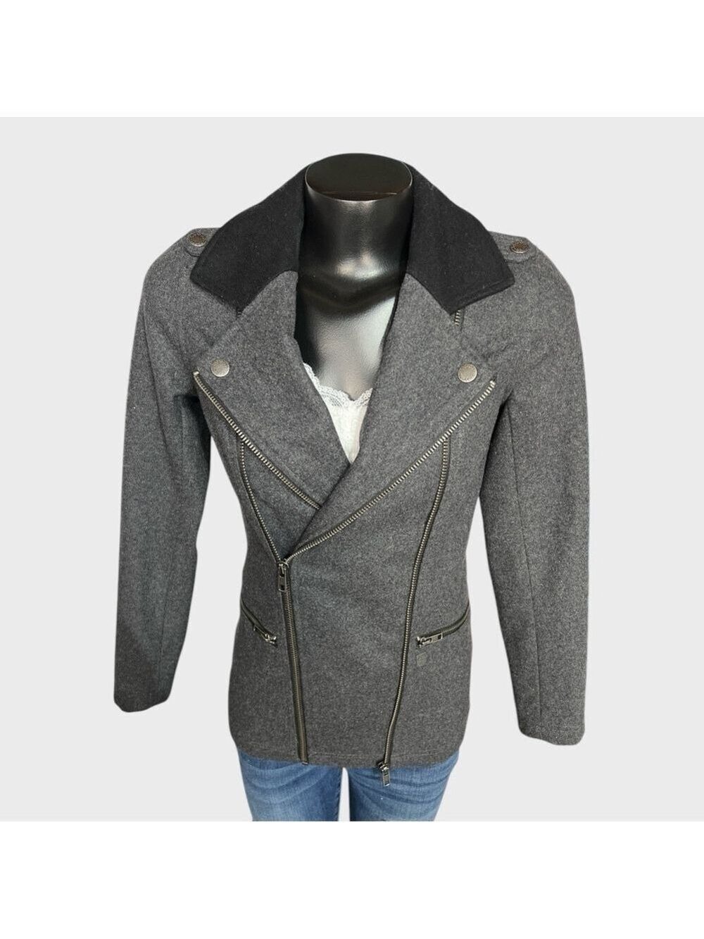 NEW Vans Womens XS PIKE Jacket Black Gray NWOT $128 Moto style Wool Punk Gothic - Picture 3 of 16